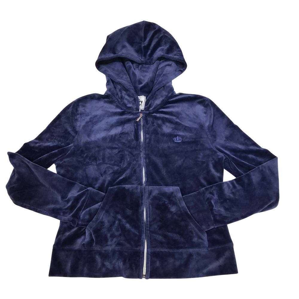 Juicy by Juicy Couture Navy Blue Velour Zip Up Hoodie Crown Logo Medium